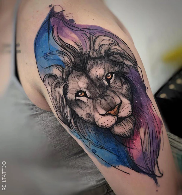 Watercolor Lion tattoo on Upper Arm