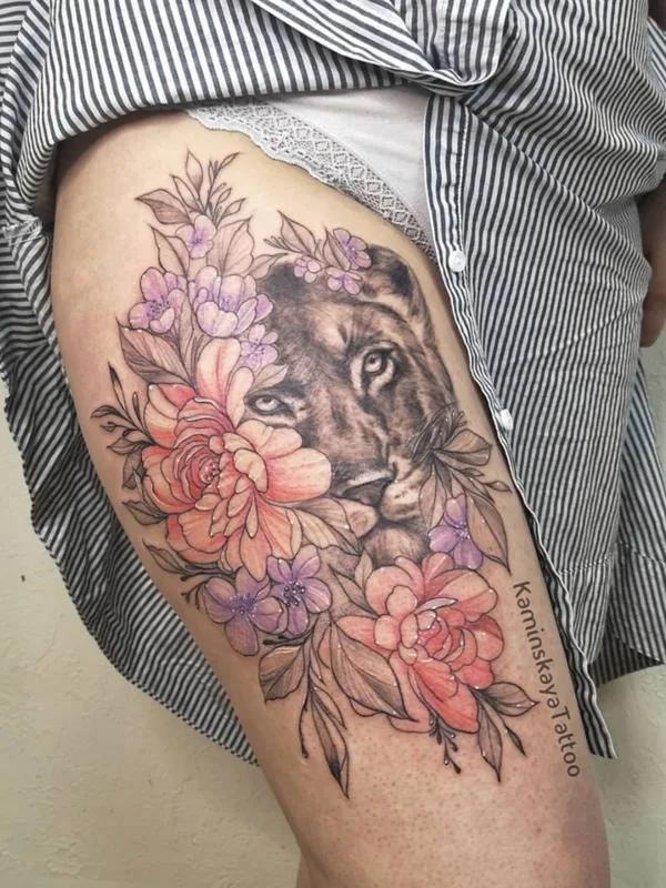 female color realism tatouage sur thigh #38093 | Artiste tatoueur Olga Kaminskaya