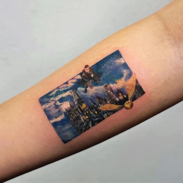 Realism Harry potter, Castle tattoo on Forearm