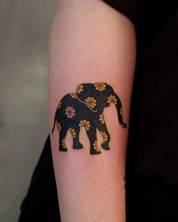 Blackwork Elephant, Flowers tattoo on Forearm