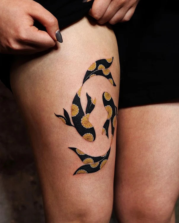 Japanese Koi fish, Floral tattoo on Thigh