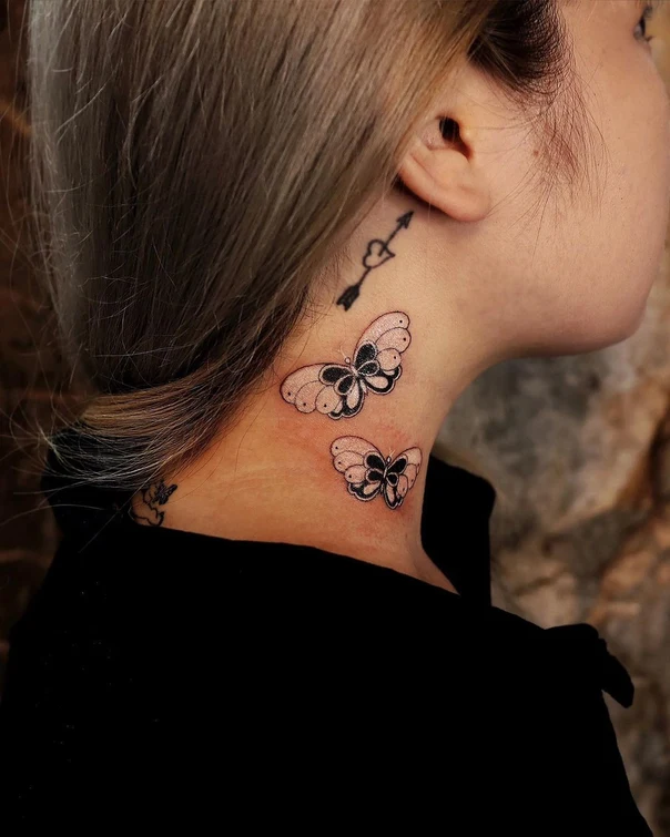 Linework Butterfly, Arrow tattoo on Neck