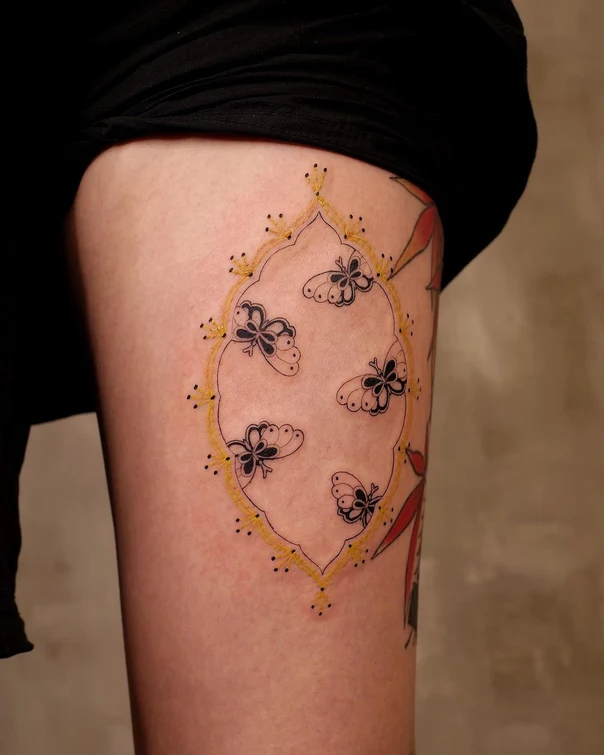 Linework Butterfly, Ornament tattoo on Thigh