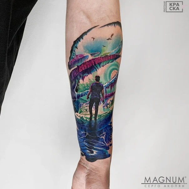 Акварель Landscape, Figure tattoo на Предплечье