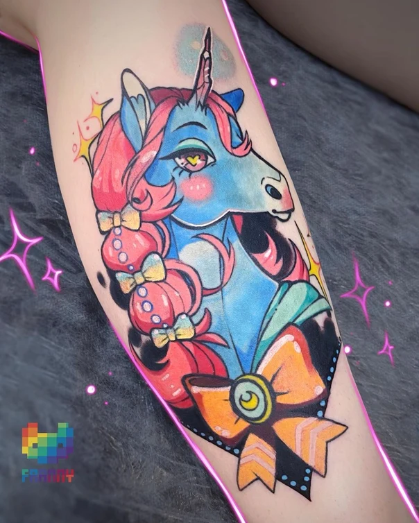 Anime Unicorn, Bow tattoo on Forearm