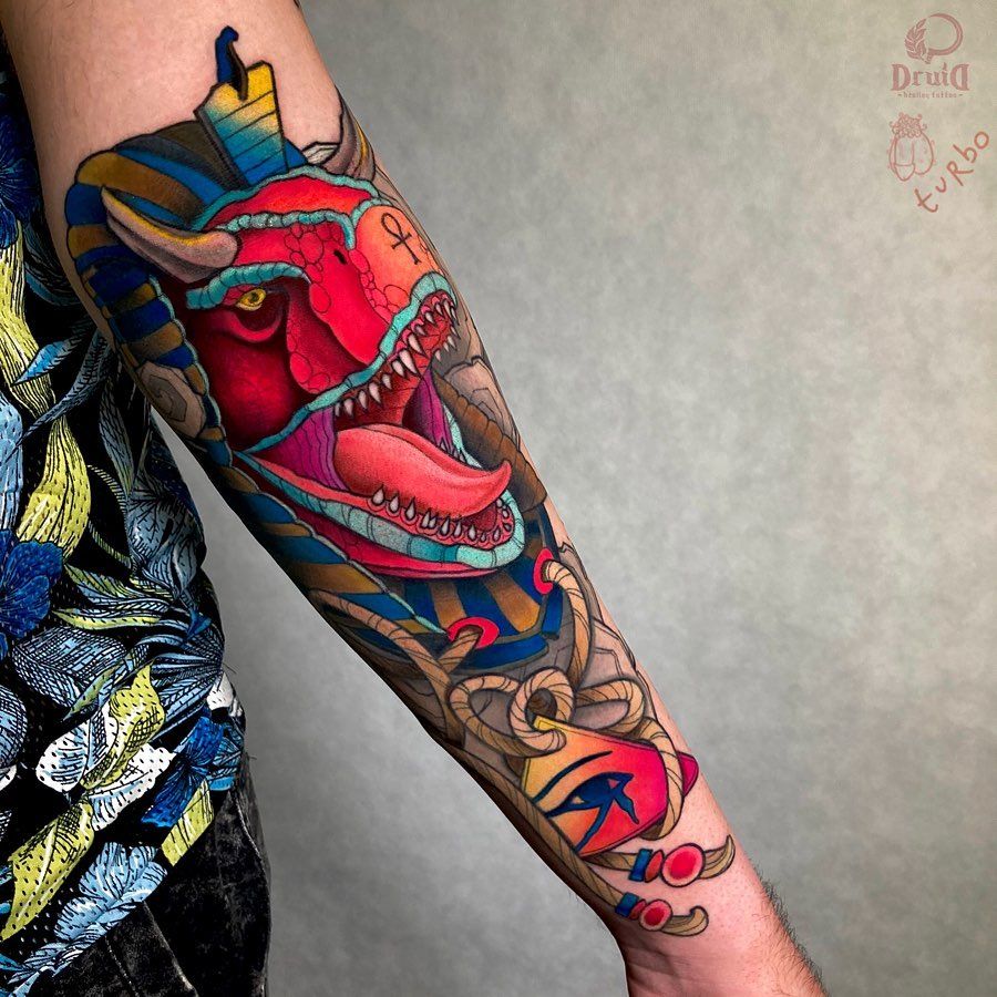 Tattoos by Toby   TREX  Frode loves dinosaurs wine and pizza so we  threw the combo together into one tattoo thanks mate Done  sevendoorstattoo        