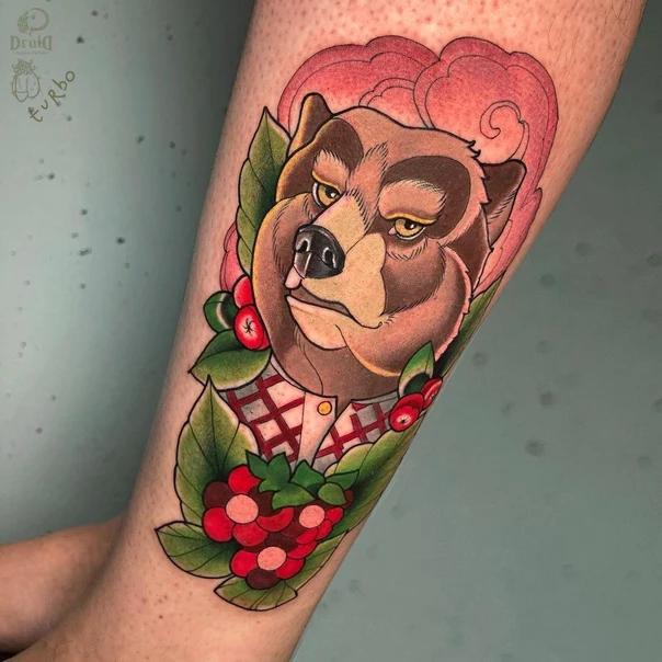 Neo Traditional Bear, Berries tattoo on Forearm