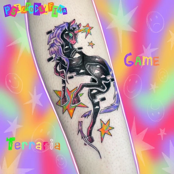 Иллюстративная Unicorn, Stars tattoo на Предплечье