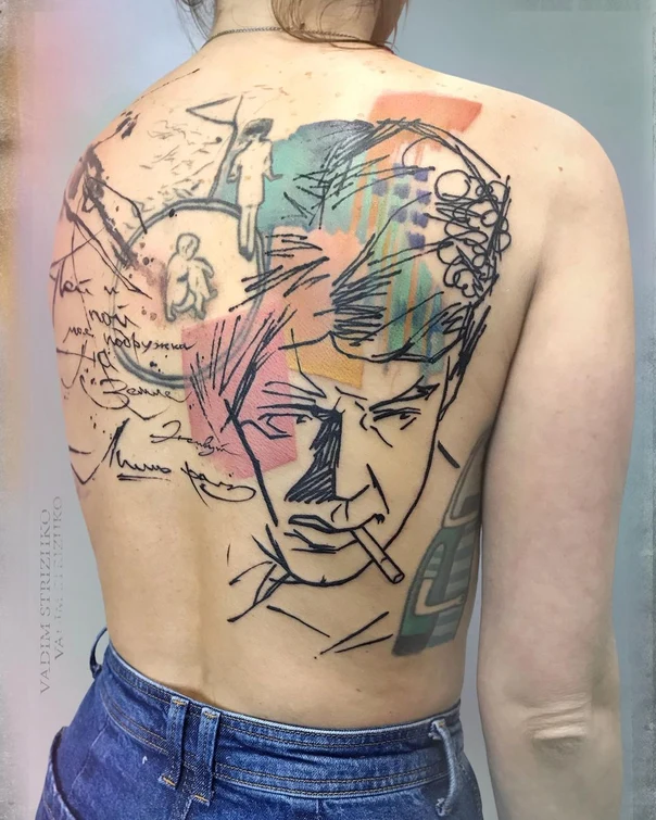 Скетч / Набросочная Portrait, Writing tattoo на Верхняя часть спины