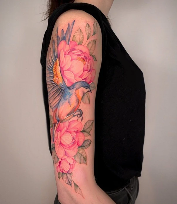 Акварель Bird, Flower tattoo на Предплечье
