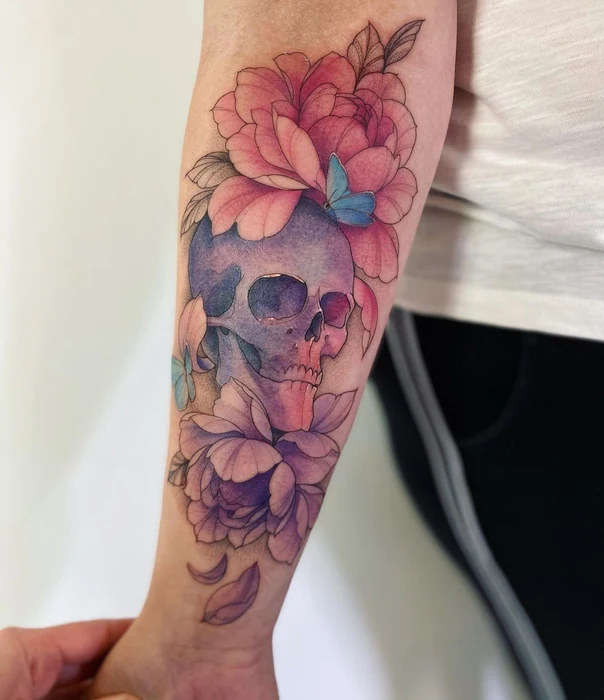 Акварель Skull, Flowers tattoo на Предплечье