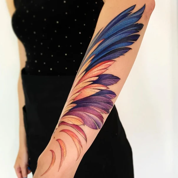 Watercolor Wing, Feather tattoo on Forearm