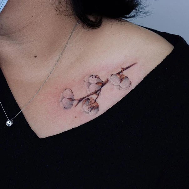 Ботаническая Plant, Cotton tattoo на Collarbone