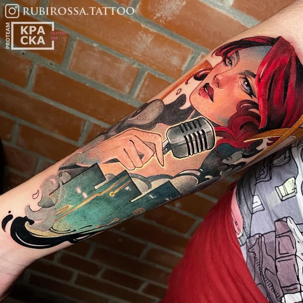 Illustrative Portrait, Microphone tattoo on Forearm