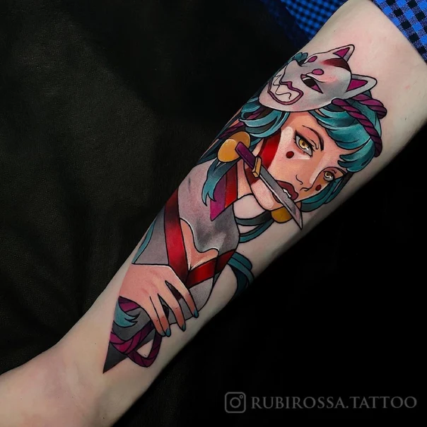 Нео-традиционная Woman, Mask tattoo на Предплечье
