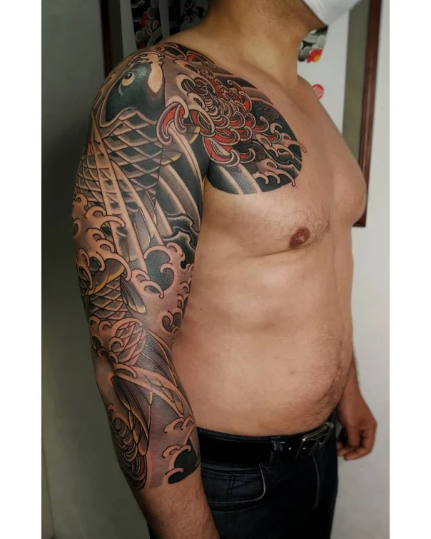 Japanese Koi, Waves tattoo on Full Sleeve