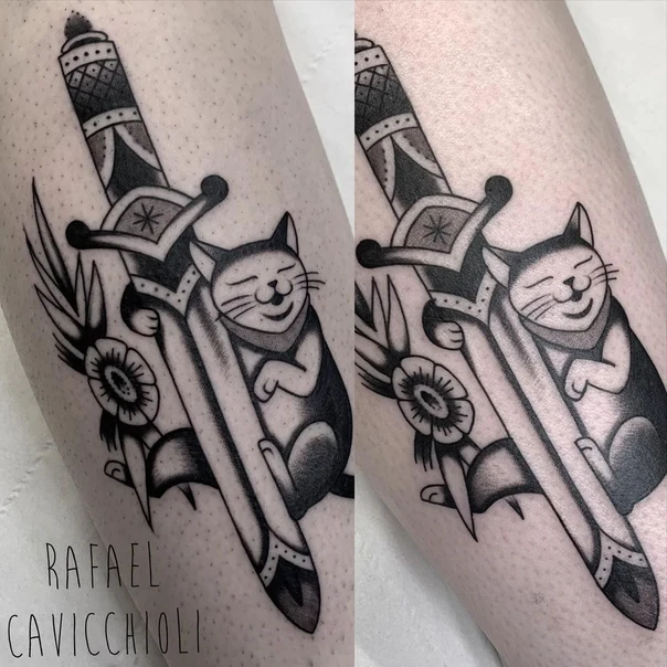 Traditional Cat, Dagger tattoo on Calf