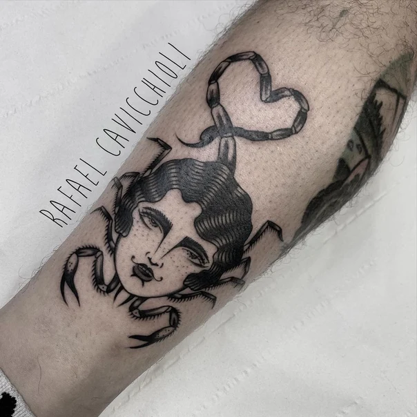 Blackwork Face, Scorpion tattoo on Calf