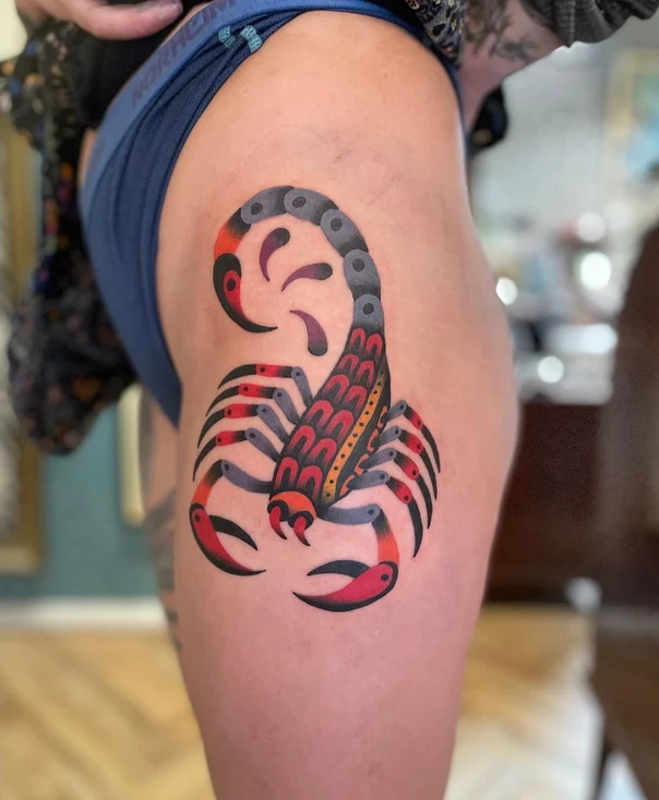 Traditional Scorpion tattoo on Thigh