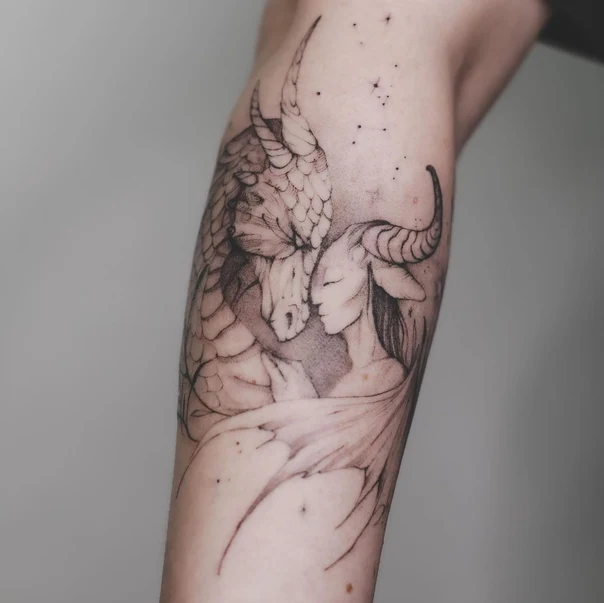 Лайнворк Dragon, Fantasy tattoo на Предплечье