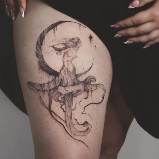 Скетч / Набросочная Octopus, Moon tattoo на Thigh