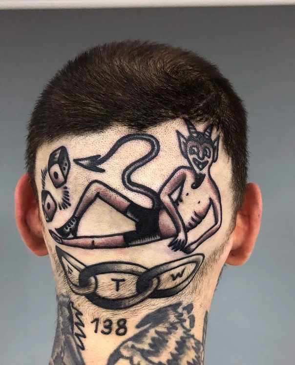Традиционная Devil, Dice tattoo на Back of neck