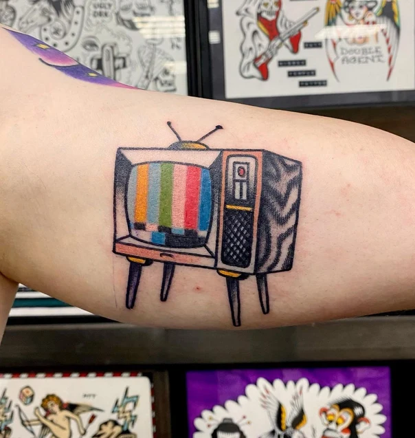Old School Television tattoo on Bicep