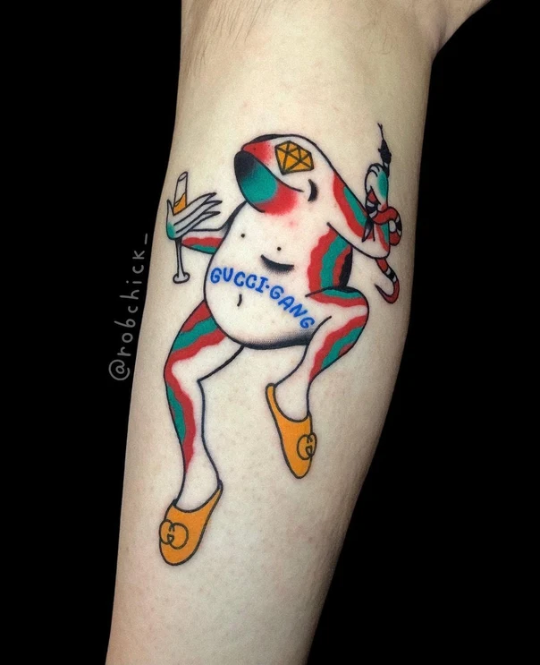 Old School Frog, Snake tattoo on Forearm