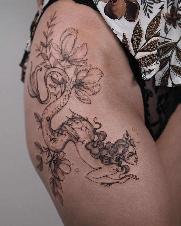 Файнлайн Mermaid, Botanic tattoo на Бедро