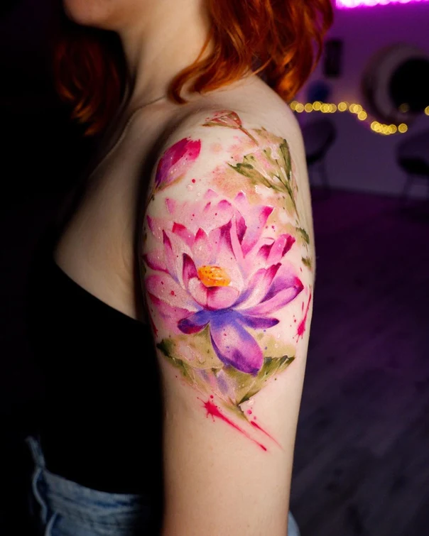 Watercolor Lotus, Flower tattoo on Shoulder