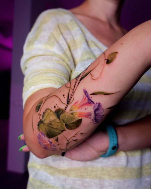 Botanic Flowers, Leaves tattoo on Forearm