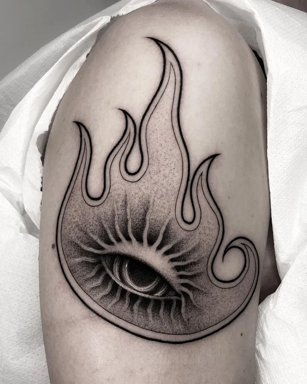 Blackwork Eye, Flame tattoo on Shoulder