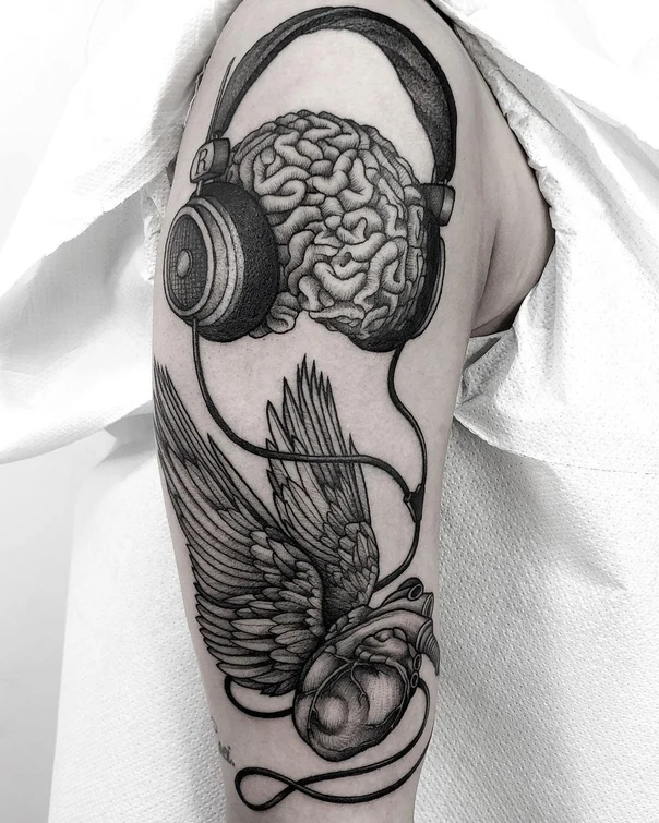 Black & Grey Brain, Headphones tattoo on Upper Arm