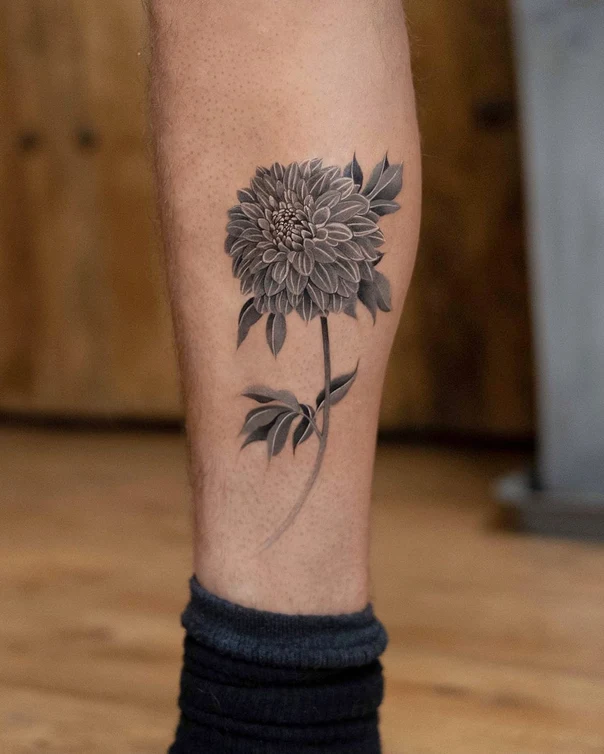 Black & Grey Flower, Leaves tattoo on Calf
