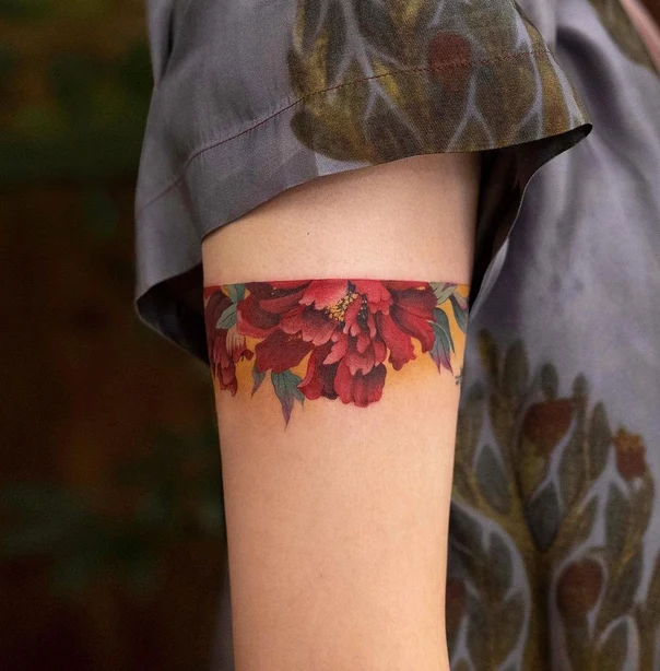 Botanic Flower, Peony tattoo on Bicep