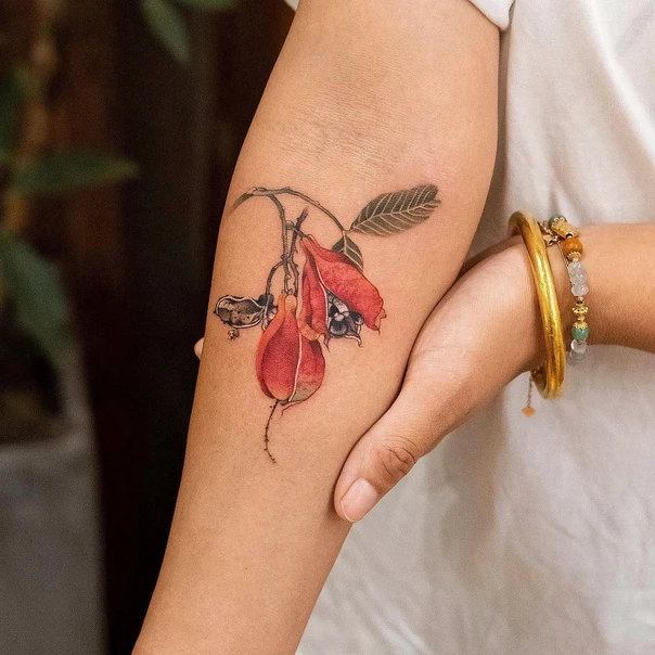 Botanic Flower, Leaf tattoo on Forearm