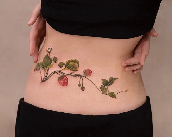Botanic Strawberry, Leaves tattoo on Side
