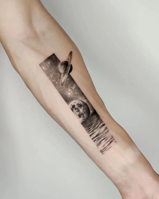 Black & Grey Planet, Moon tattoo on Forearm