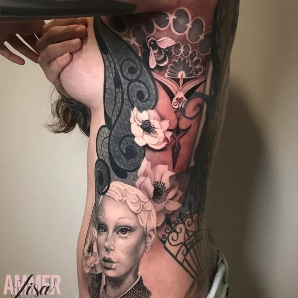 Realism Portrait, Flowers tattoo on Side
