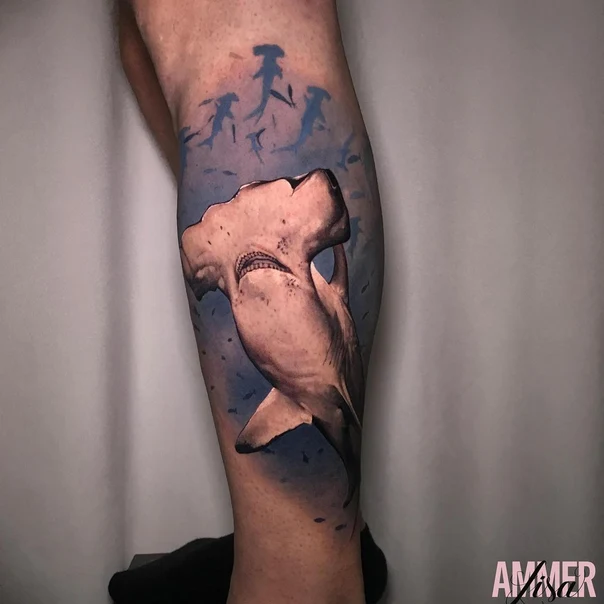 Realism Shark, Ocean tattoo on Calf