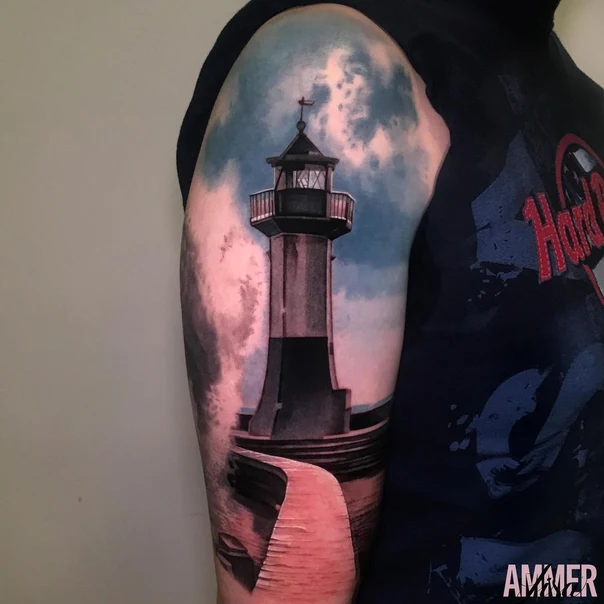 Realism Lighthouse tattoo on Outer arm