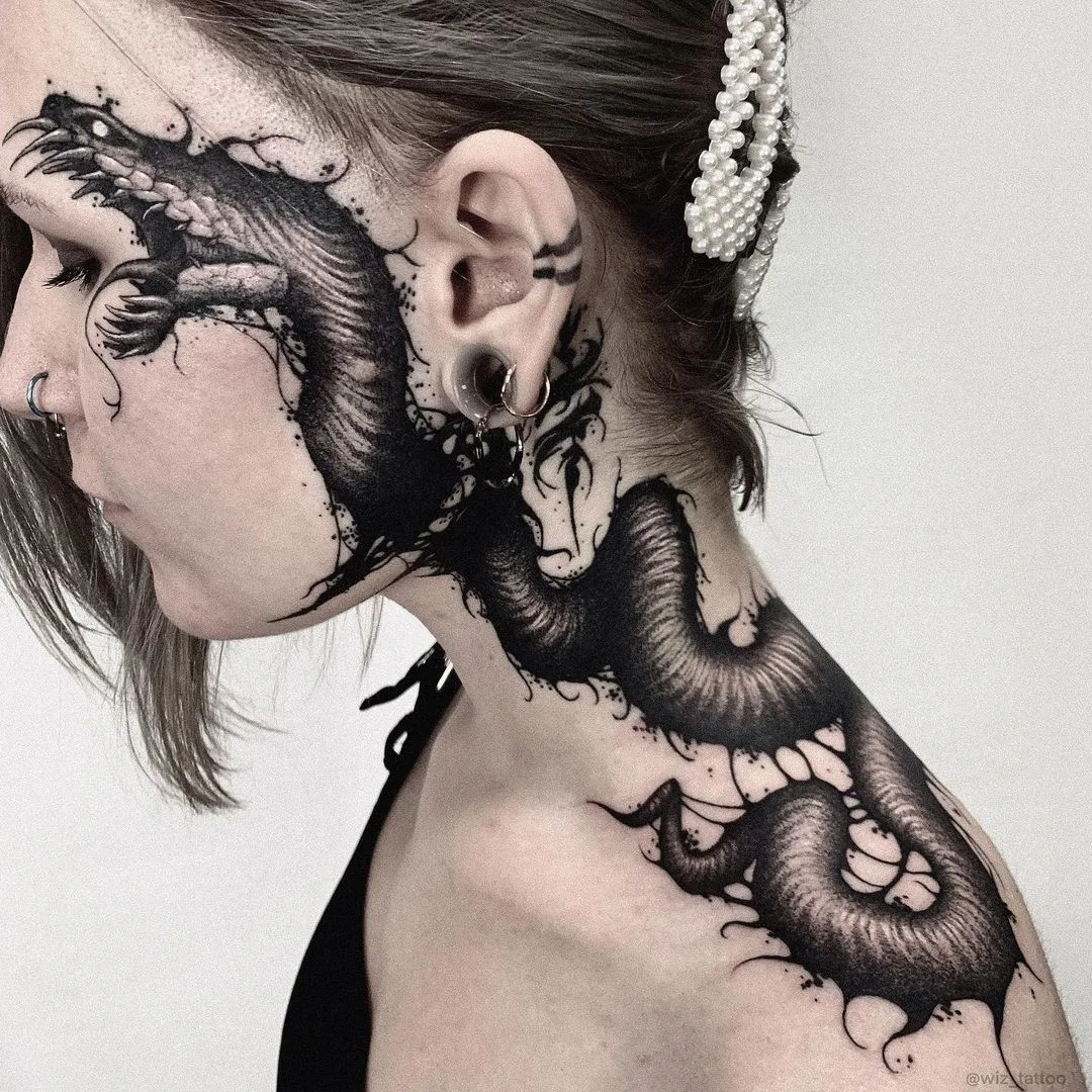 Slavic horror tattoo on face by Evgeny Wiz