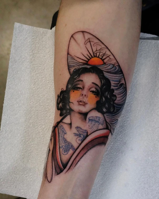 Neo Traditional Woman, Sun tattoo on Forearm