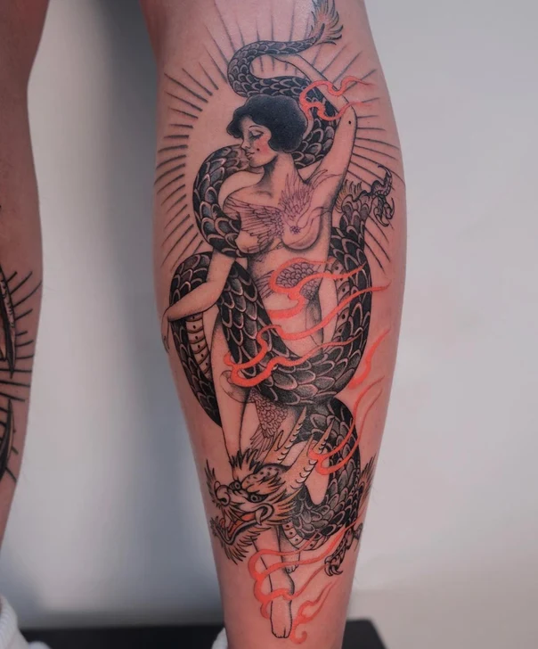 Neo Traditional Woman, Snake tattoo on Calf