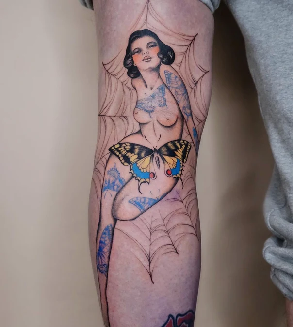 Neo Traditional Butterfly, Spiderweb tattoo on Thigh
