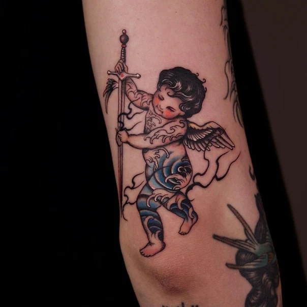 Neo Traditional Cherub, Sword tattoo on Forearm