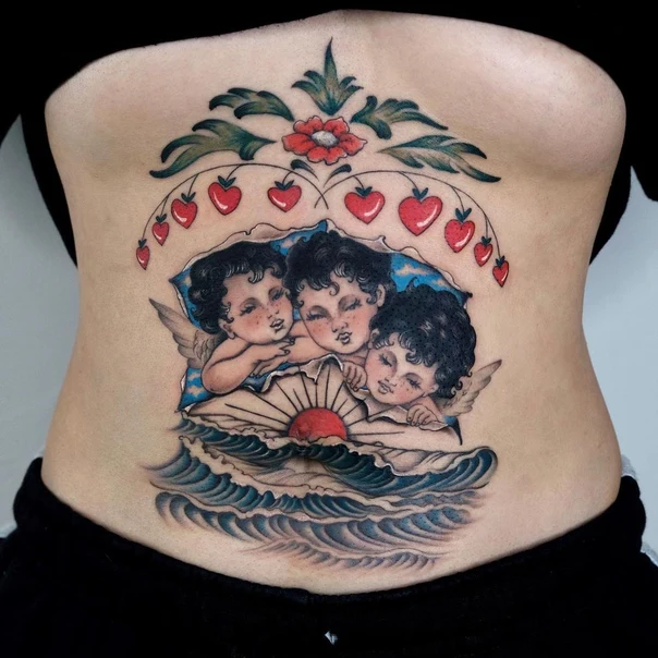 Neo Traditional Cherubs, Hearts tattoo on Stomach