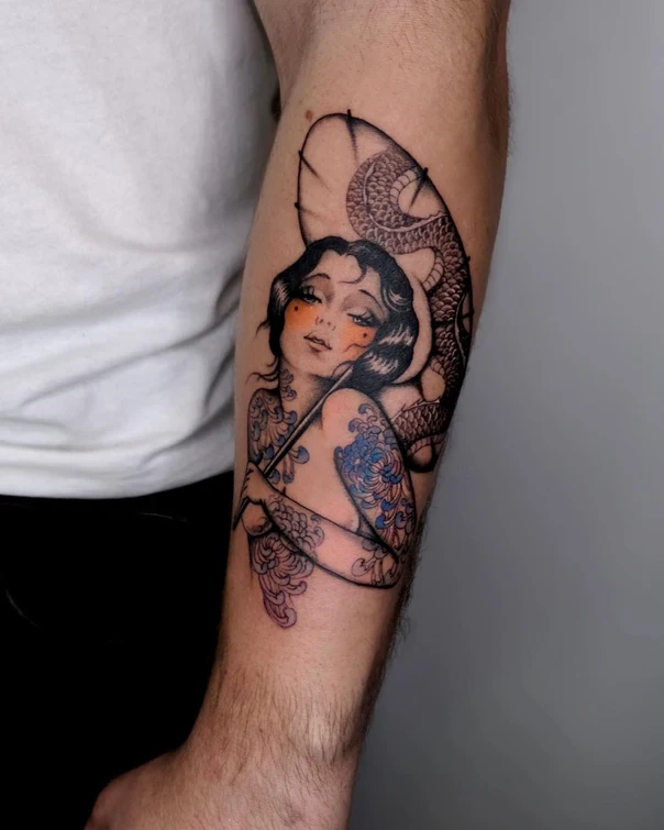 Neo Traditional Geisha, Snake tattoo on Forearm