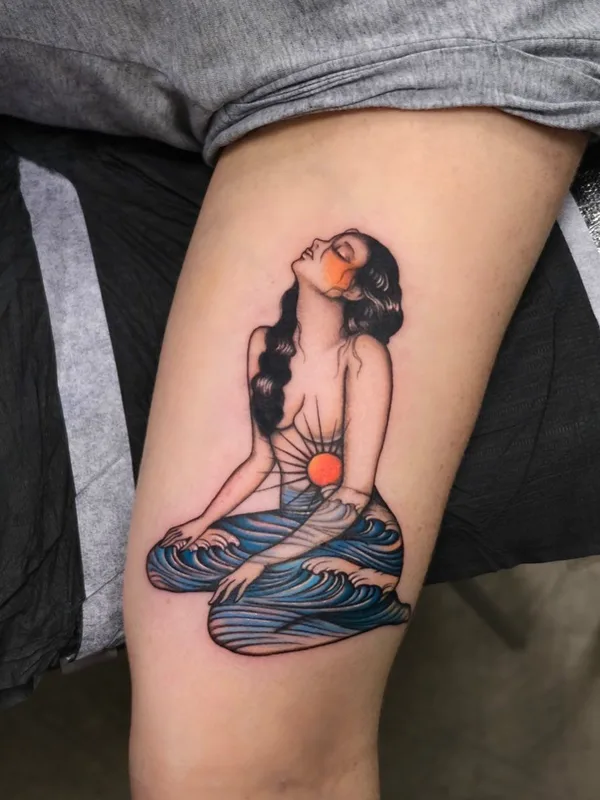 female color illustrative tattoo on thigh #44290 | Tattoo Artist Rohatattoo