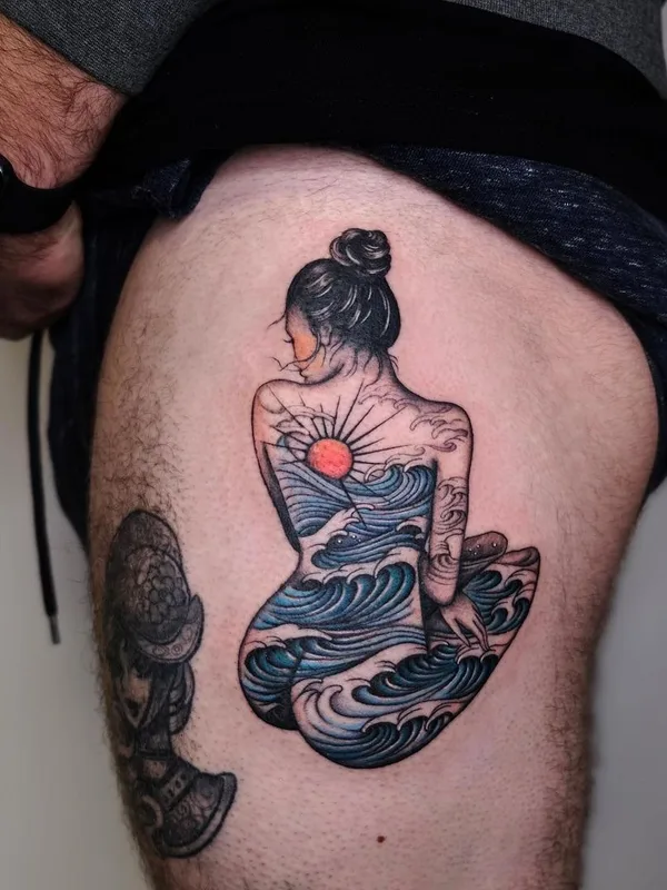 female color illustrative tattoo on thigh #44292 | Tattoo Artist Rohatattoo